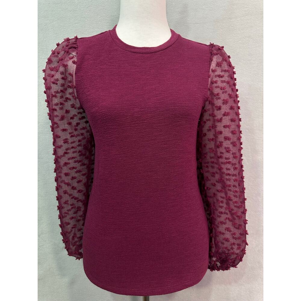 Maeve Anthropologie Plum Swiss Dot Puff Sleeve Textured Top XXS - Picture 2 of 9